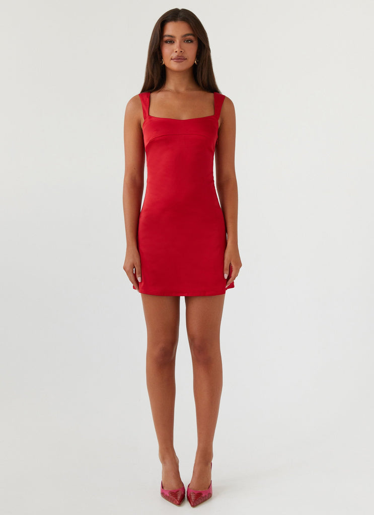 Womens Odette Satin Mini Dress in the colour Red in front of a light grey background