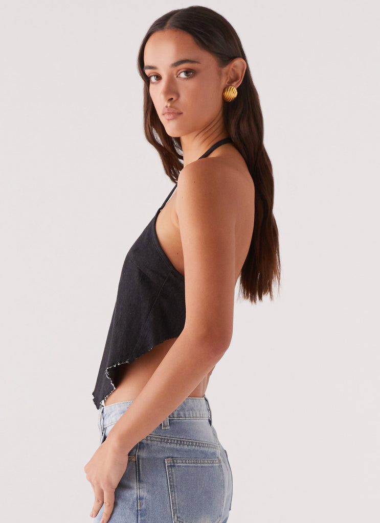 Womens Rexi Halter Denim Top in the colour Washed Black in front of a light grey background