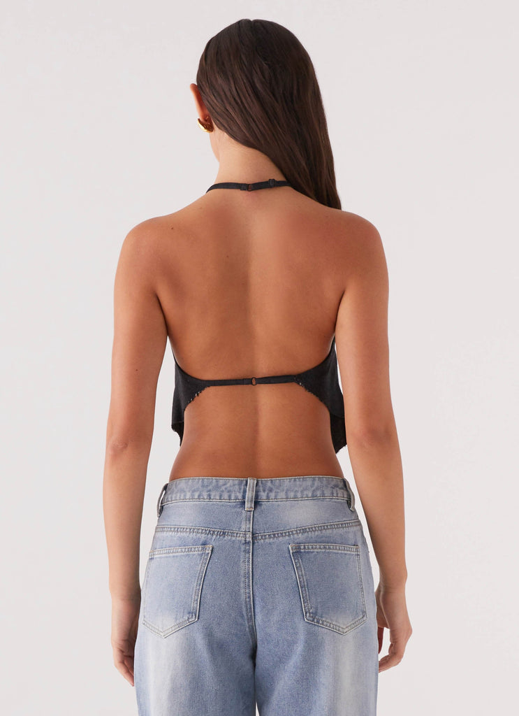 Womens Rexi Halter Denim Top in the colour Washed Black in front of a light grey background