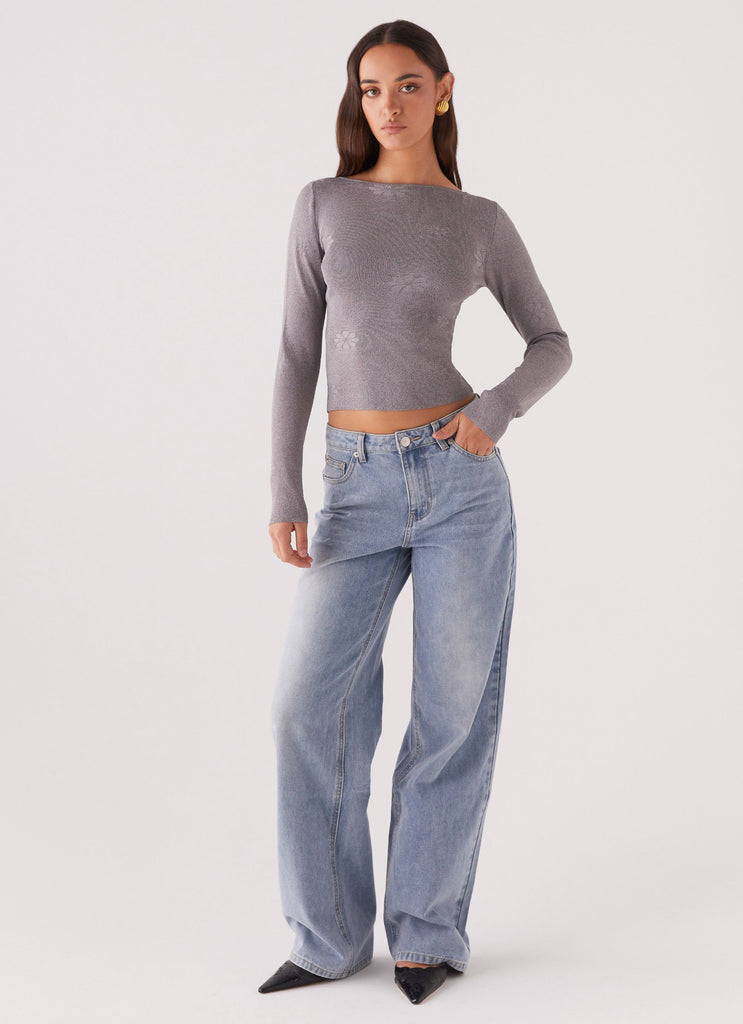 Womens Dandelion Long Sleeve Knit Top in the colour Grey Marle in front of a light grey background