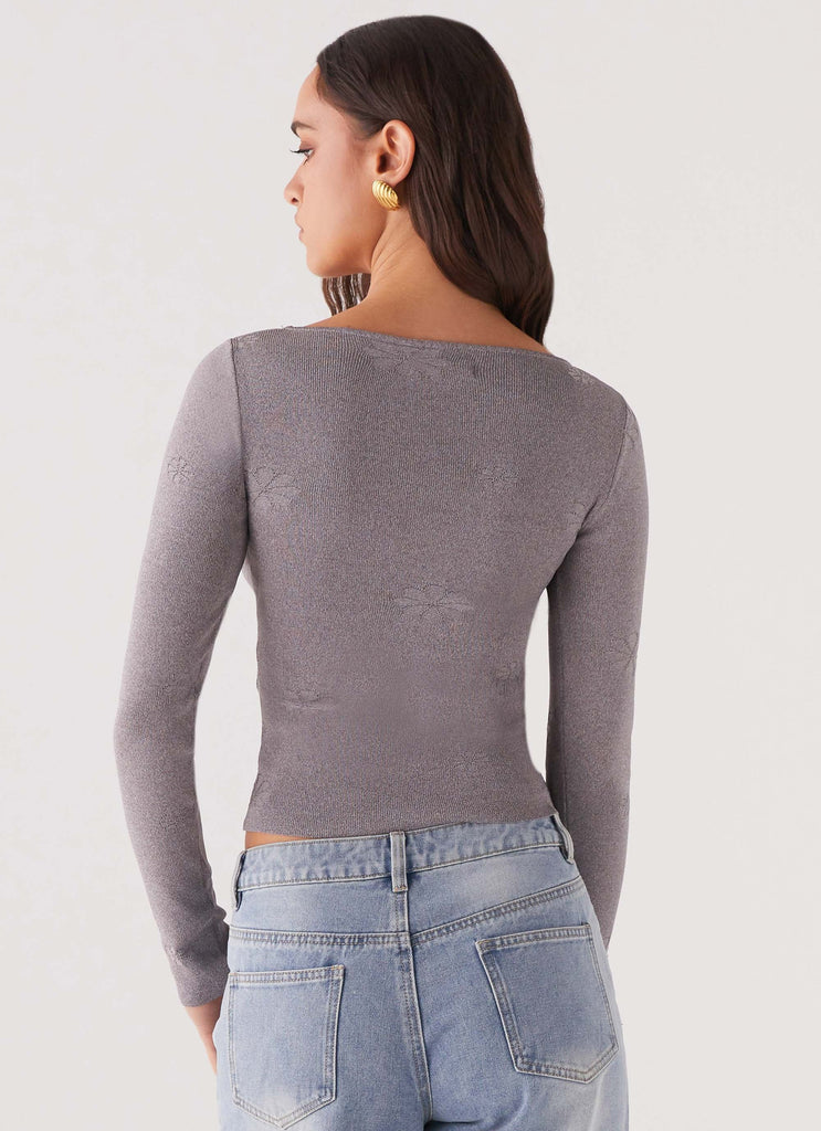 Womens Dandelion Long Sleeve Knit Top in the colour Grey Marle in front of a light grey background