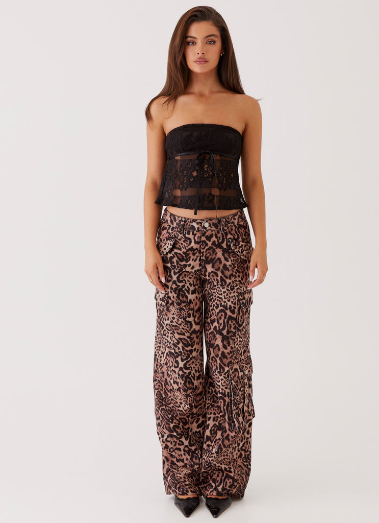 Womens Greedy Cargo Pants in the colour Leopard in front of a light grey background