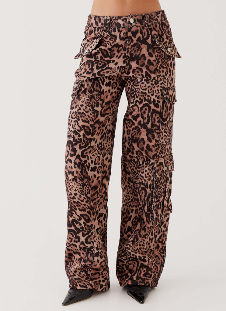 Womens Greedy Cargo Pants in the colour Leopard in front of a light grey background