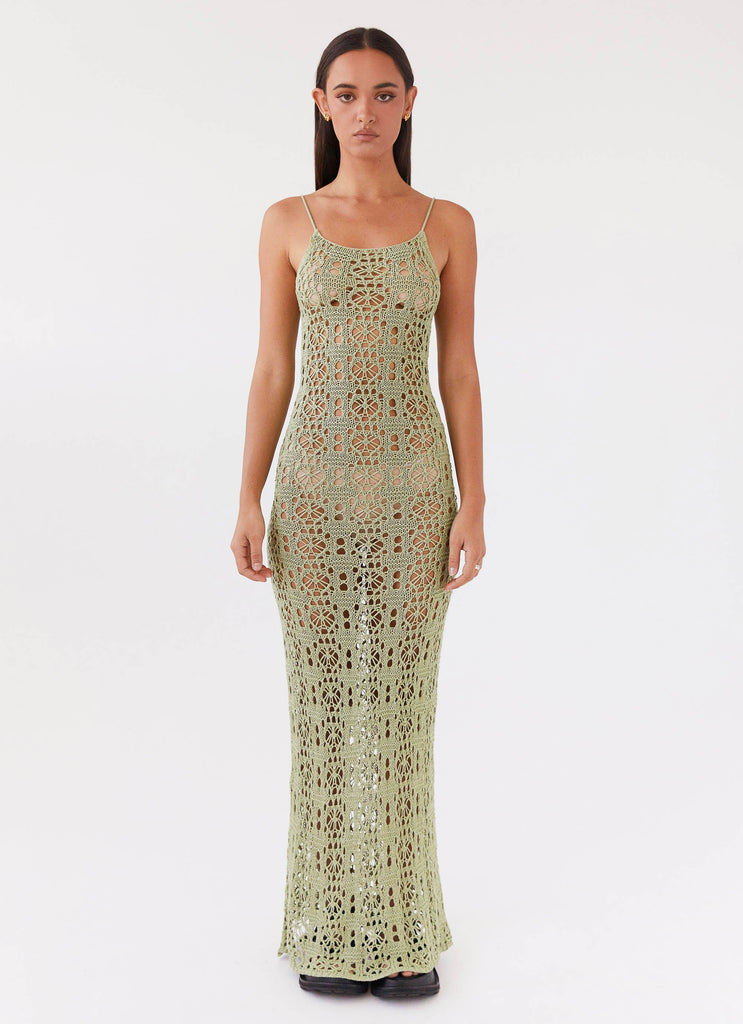 Womens Luxora Crochet Maxi Cami Dress in the colour Light Olive in front of a light grey background