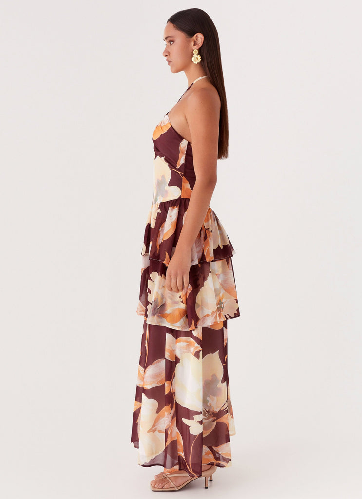 Womens Sunset Chaser Maxi Dress in the colour Brown Floral in front of a light grey background