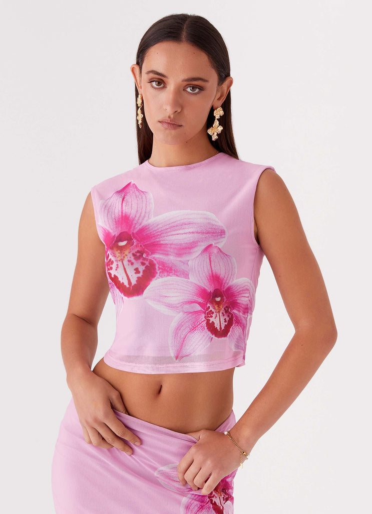 Womens Waiting for Dawn Mesh Top in the colour Pink Magnolia in front of a light grey background