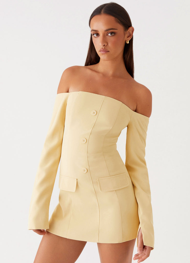 Womens Dominique Blazer Mini Dress in the colour Yellow in front of a light grey background