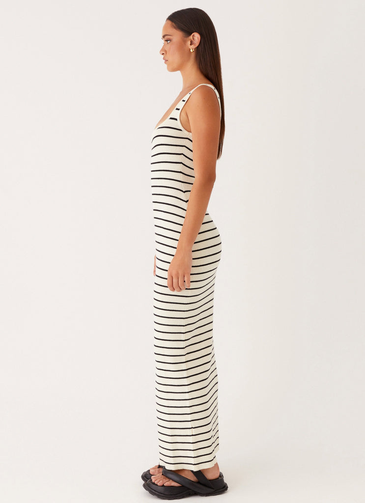 Womens Lianna Stripe Maxi Dress in the colour Ivory Black Stripe in front of a light grey background