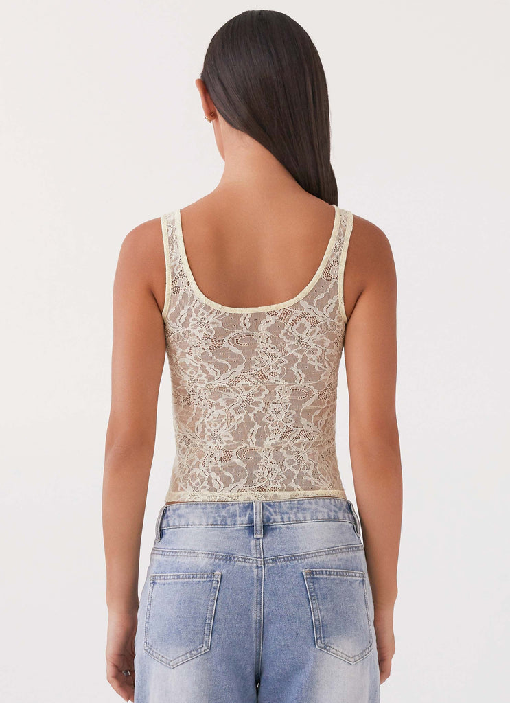 Womens Last Day Of Summer Lace Tank Top in the colour Yellow in front of a light grey background