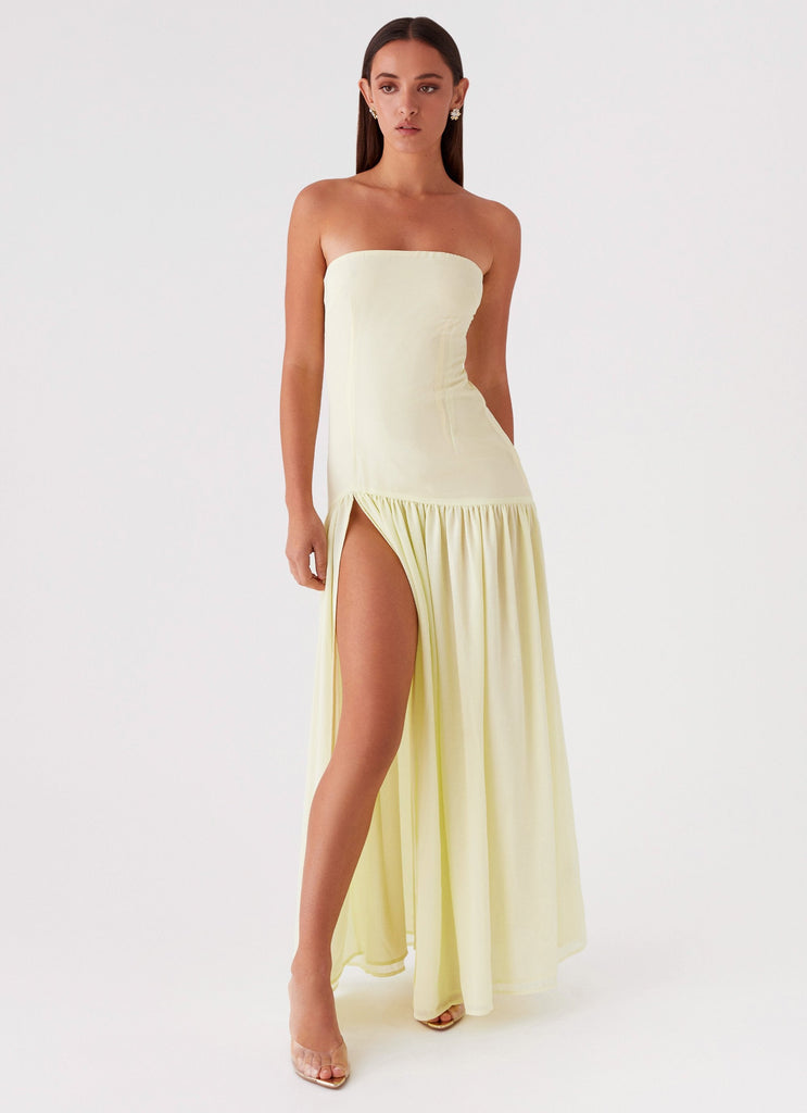 Womens Eden Strapless Maxi Dress in the colour Yellow in front of a light grey background