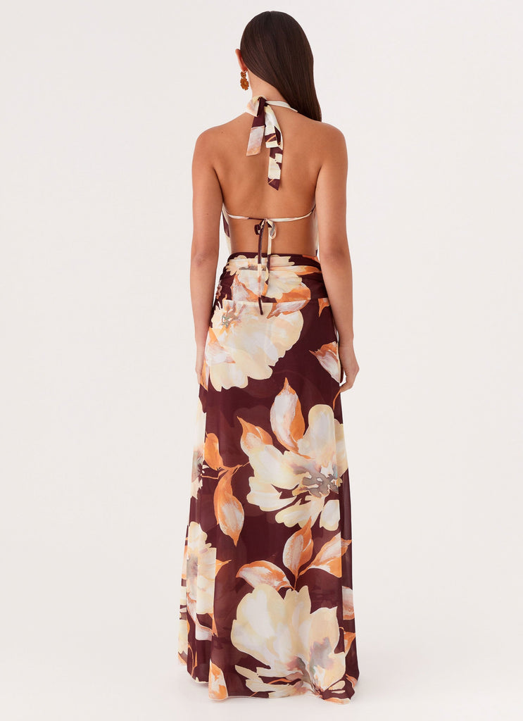 Womens Elysia Chiffon Maxi Dress in the colour Brown Floral in front of a light grey background