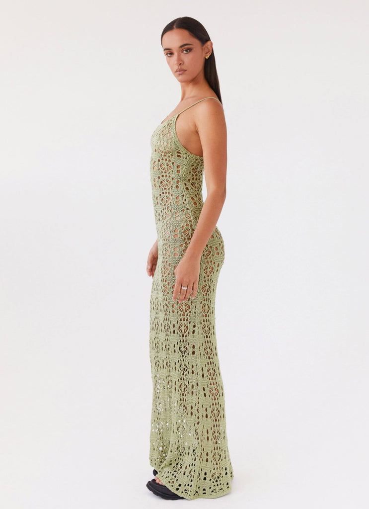 Womens Luxora Crochet Maxi Cami Dress in the colour Light Olive in front of a light grey background