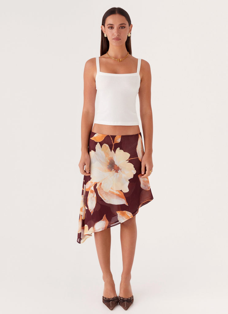 Womens Elizabeth Midi Skirt in the colour Brown Floral in front of a light grey background