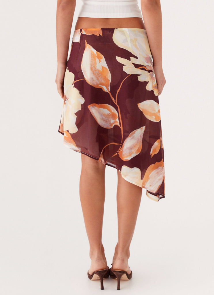 Womens Elizabeth Midi Skirt in the colour Brown Floral in front of a light grey background