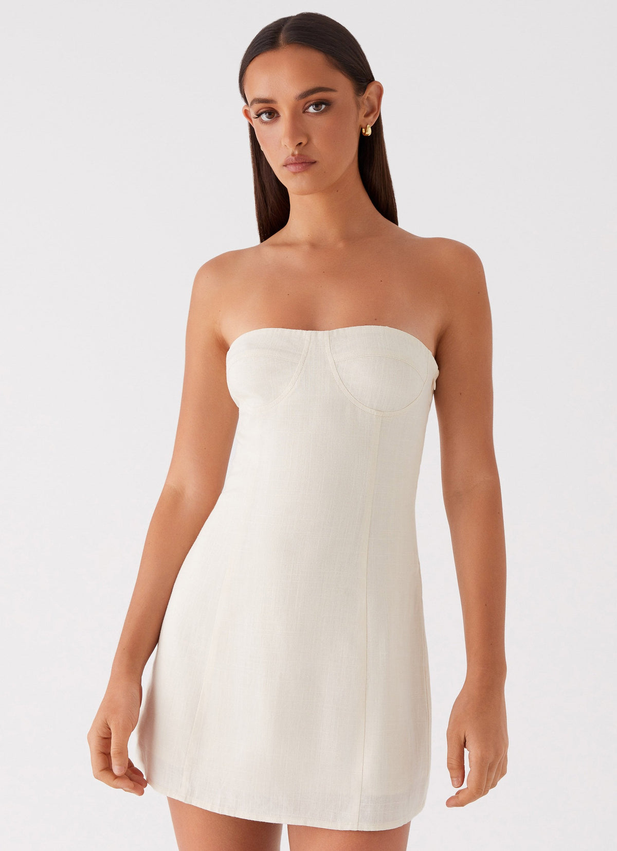 Womens Do It That Way Linen Mini Dress in the colour Ivory in front of a light grey background