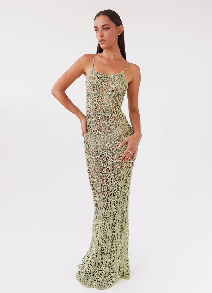 Womens Luxora Crochet Maxi Cami Dress in the colour Light Olive in front of a light grey background