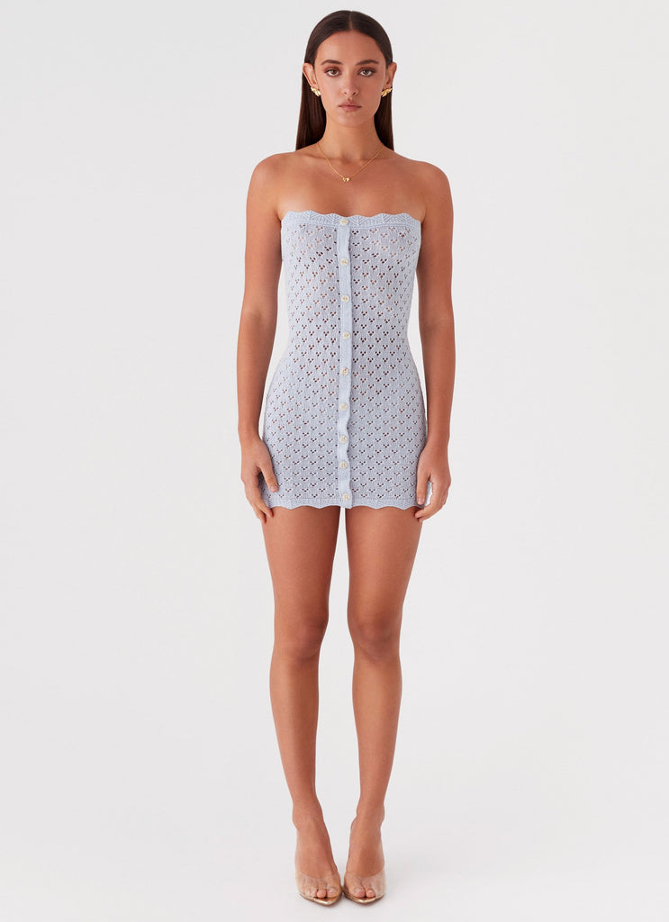 Womens Blue Notes Knit Mini Dress in the colour Blue Dusk in front of a light grey background