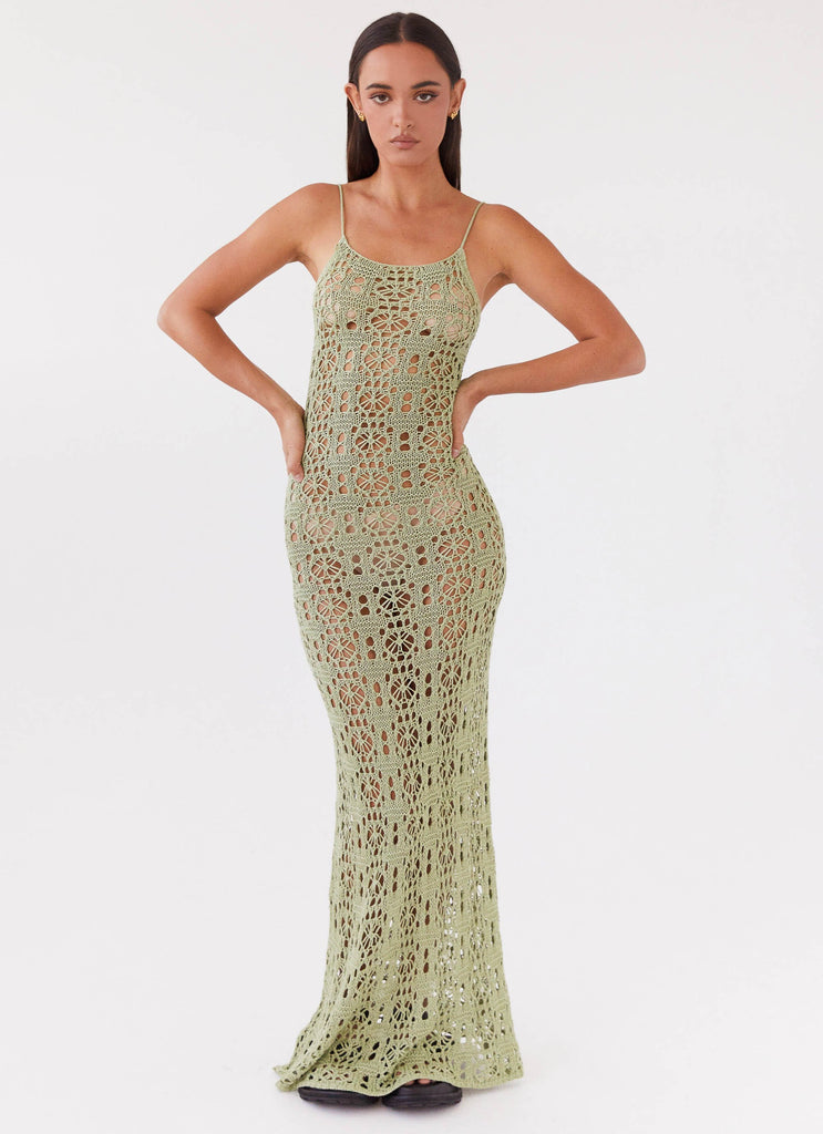 Womens Luxora Crochet Maxi Cami Dress in the colour Light Olive in front of a light grey background