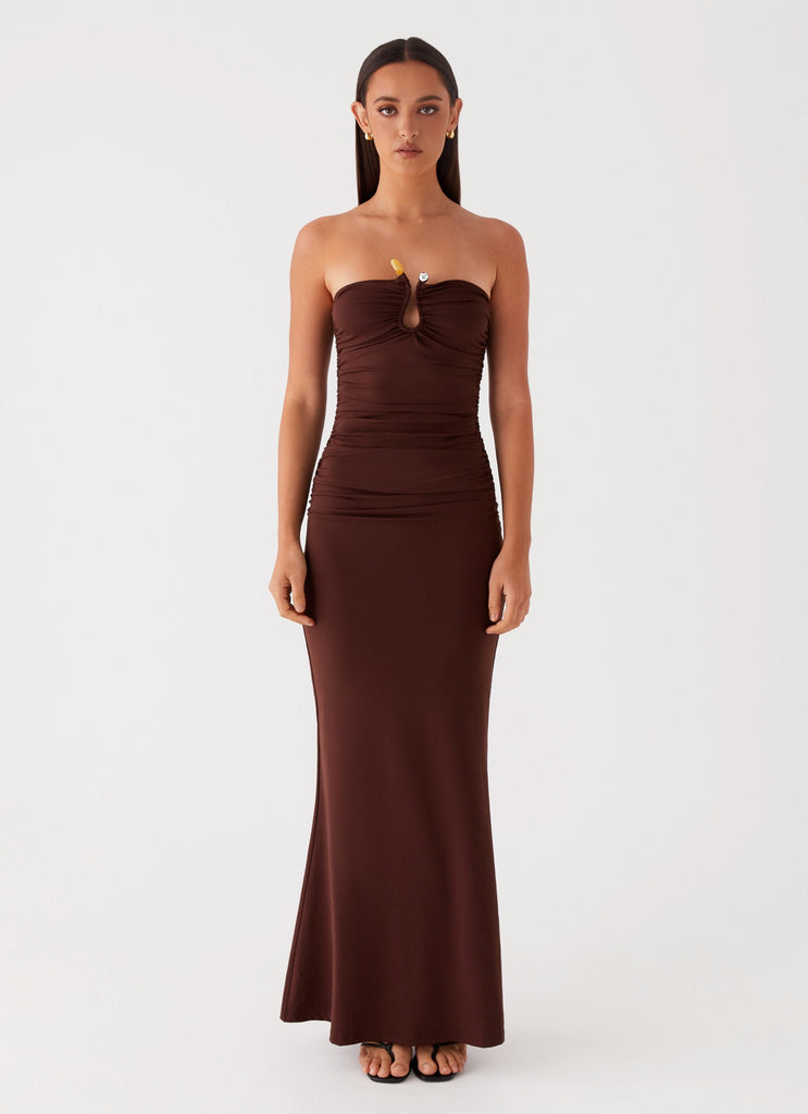 Womens Rudy Maxi Dress in the colour Brown in front of a light grey background