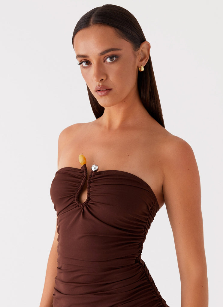 Womens Rudy Maxi Dress in the colour Brown in front of a light grey background