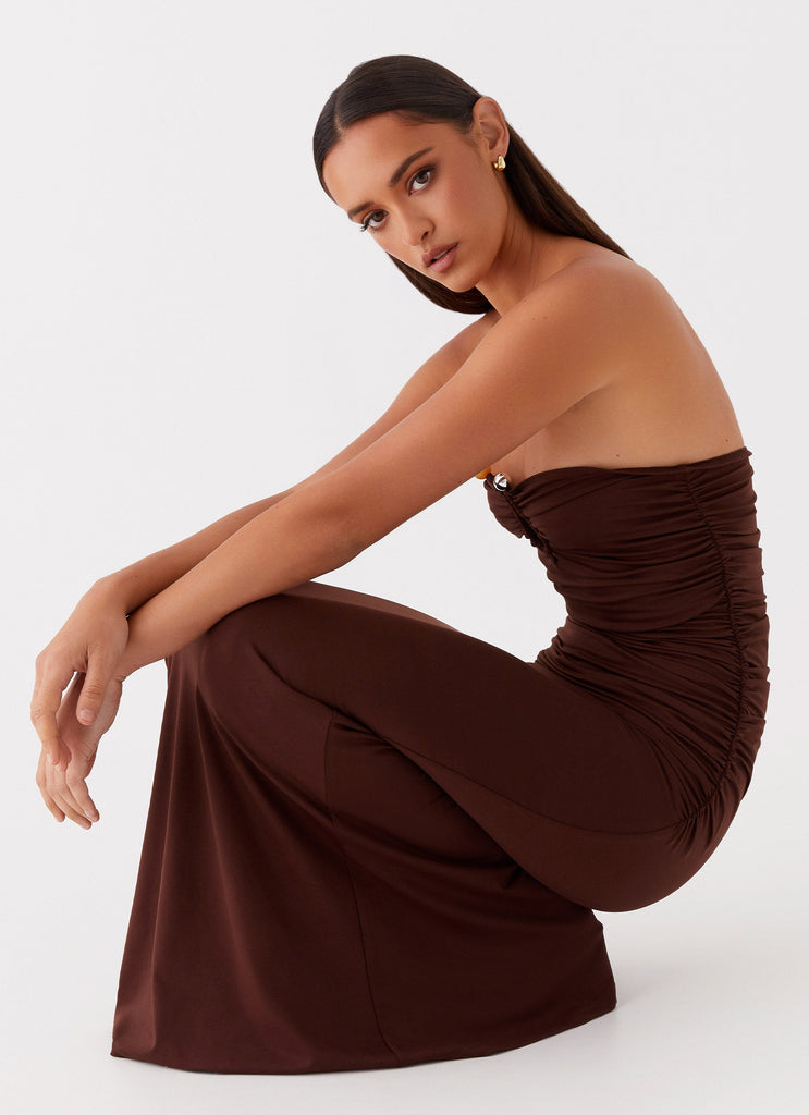 Womens Rudy Maxi Dress in the colour Brown in front of a light grey background