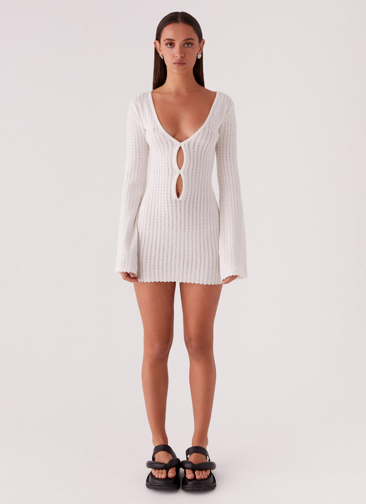 Womens Lavelle Knit Mini Dress in the colour Ivory in front of a light grey background