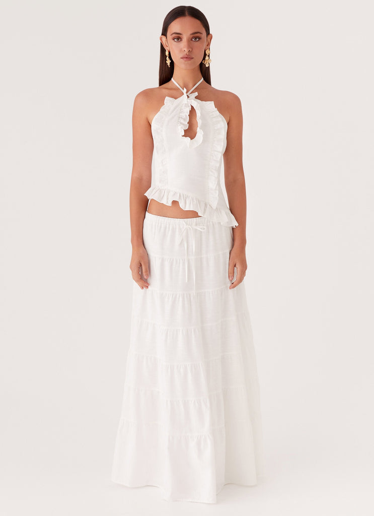 Womens Mariella Linen Maxi Skirt in the colour White in front of a light grey background