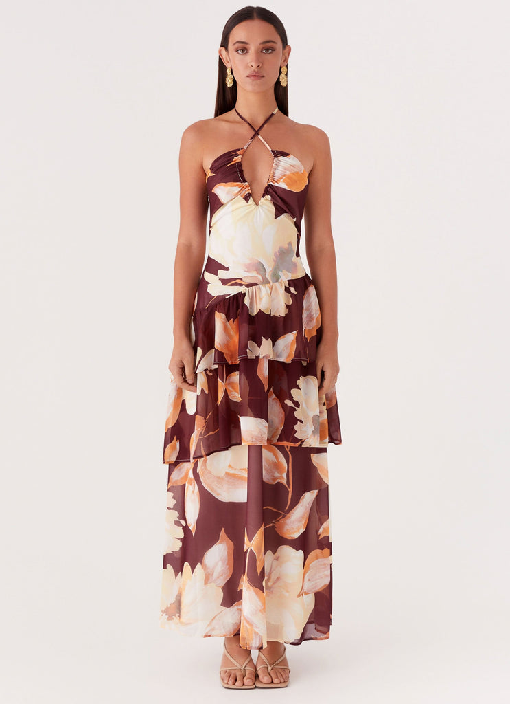 Womens Sunset Chaser Maxi Dress in the colour Brown Floral in front of a light grey background