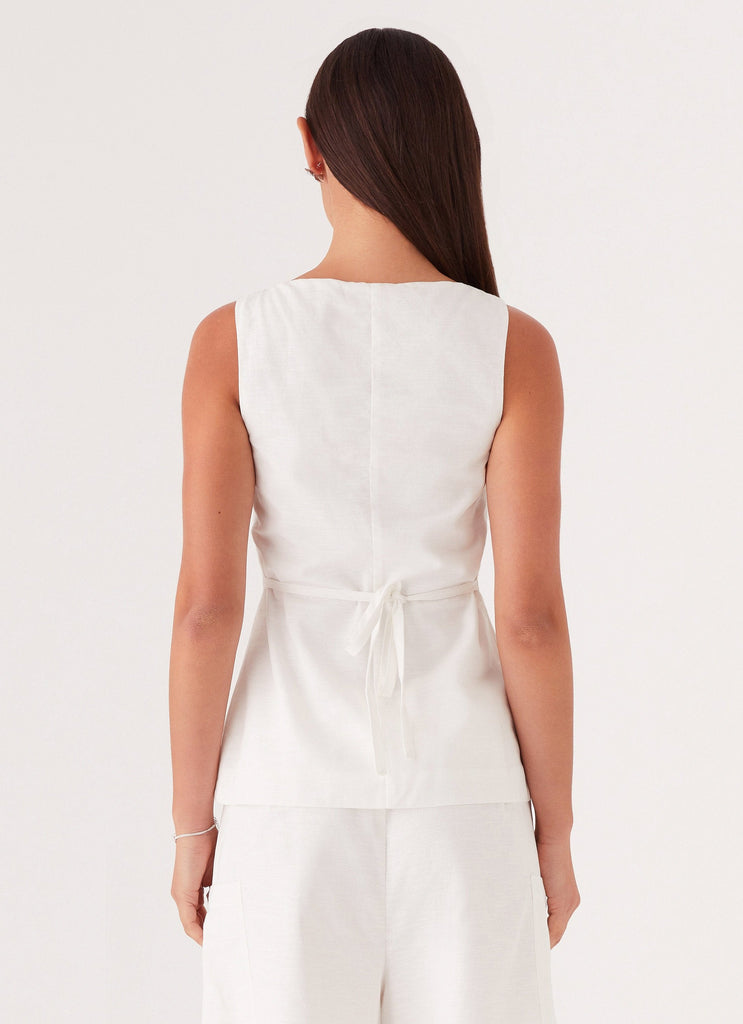 Womens Mayzie Linen Vest in the colour White in front of a light grey background