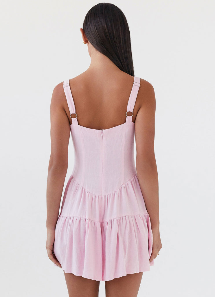 Womens Lucie Linen Mini Dress in the colour Pink in front of a light grey background