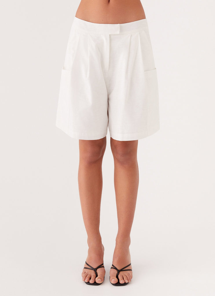 Womens Tiona Linen Shorts in the colour White in front of a light grey background