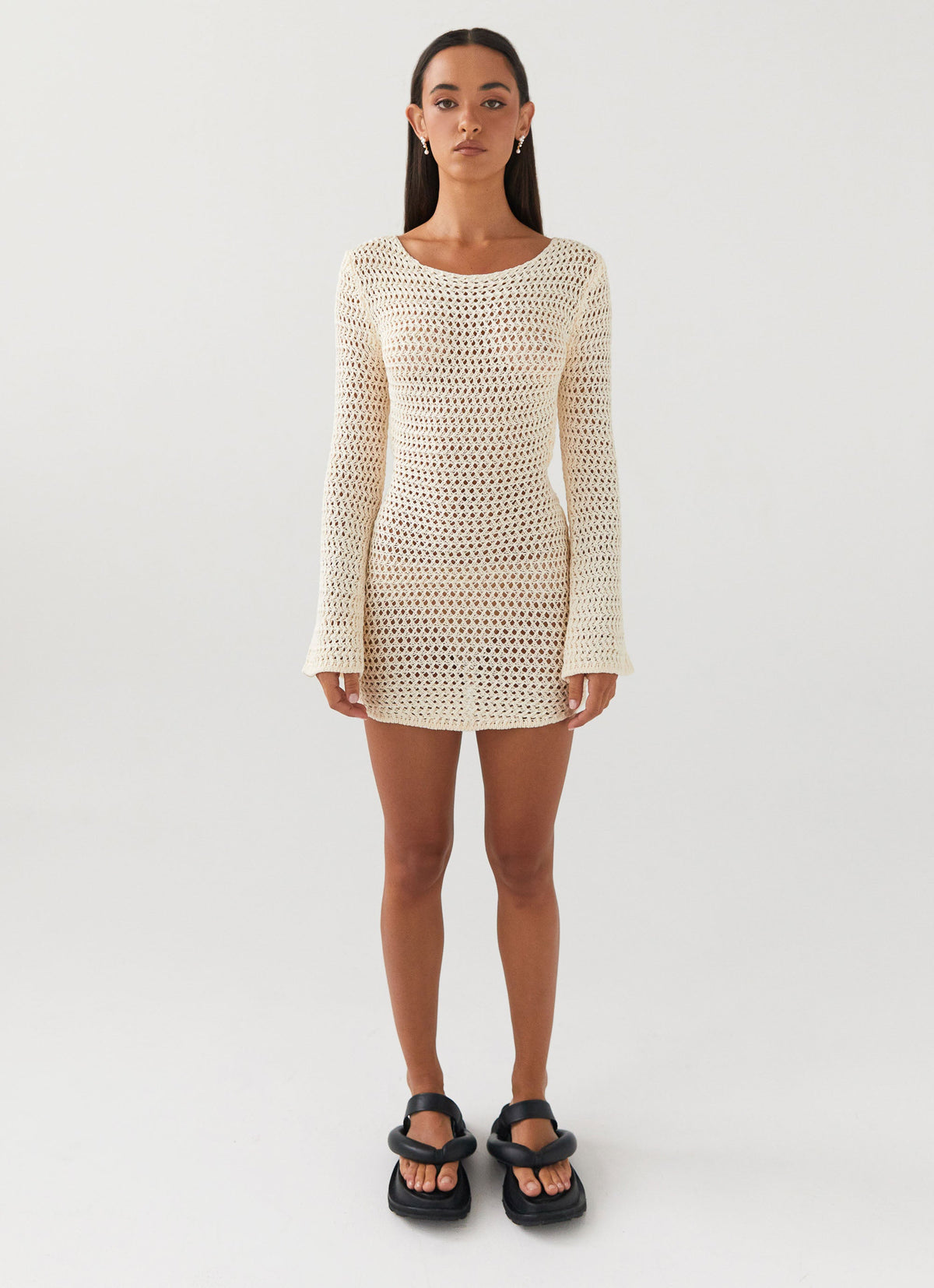 Womens Down For The Ride Crochet Mini Dress in the colour Ivory in front of a light grey background