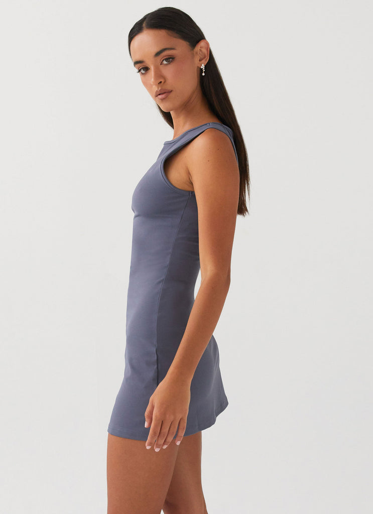 Womens Cosmic Chic Mini Dress in the colour Ash in front of a light grey background