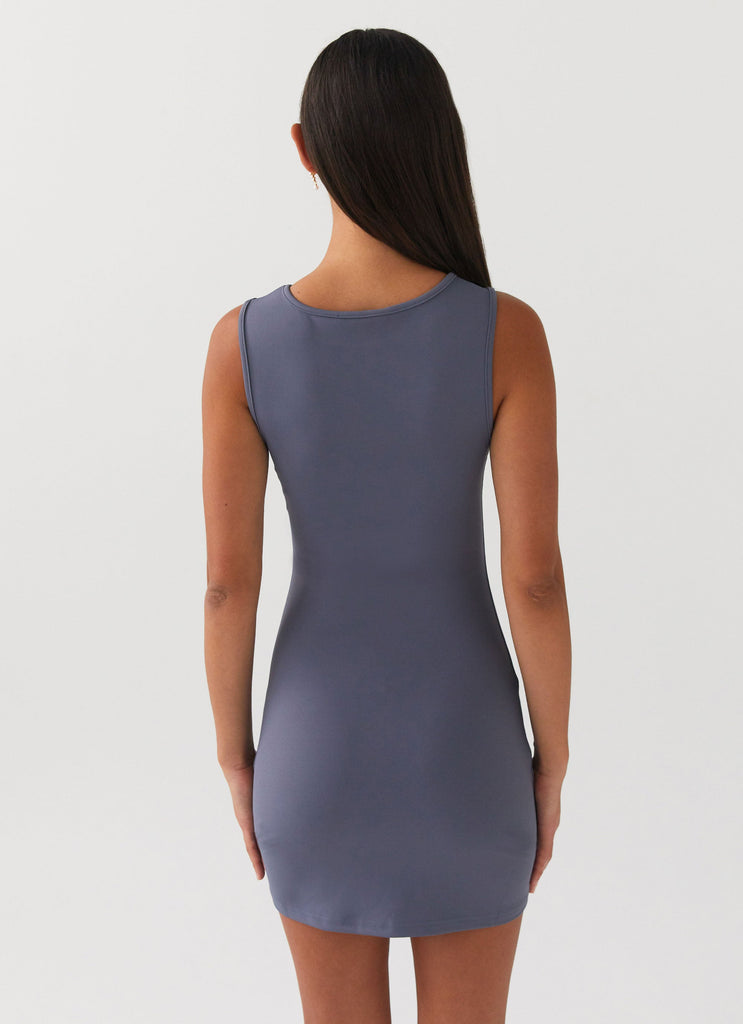 Womens Cosmic Chic Mini Dress in the colour Ash in front of a light grey background