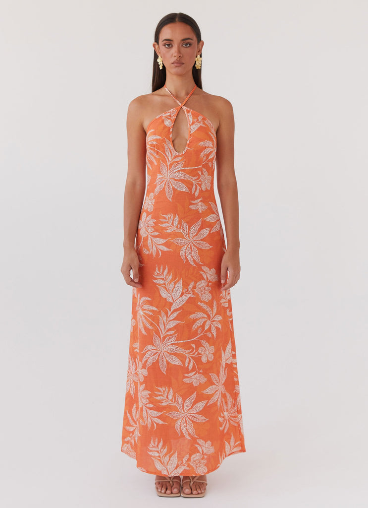 Womens Keliegh Linen Maxi Dress in the colour Tropic Sunset in front of a light grey background