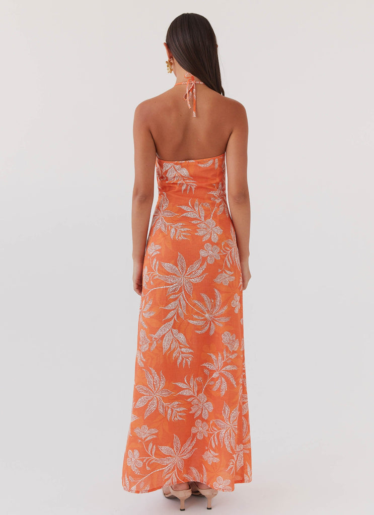 Womens Keliegh Linen Maxi Dress in the colour Tropic Sunset in front of a light grey background