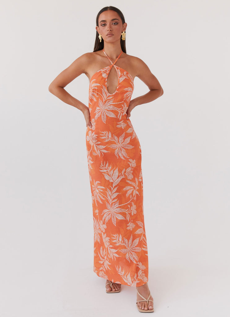 Womens Keliegh Linen Maxi Dress in the colour Tropic Sunset in front of a light grey background