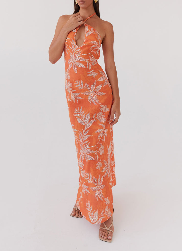 Womens Keliegh Linen Maxi Dress in the colour Tropic Sunset in front of a light grey background