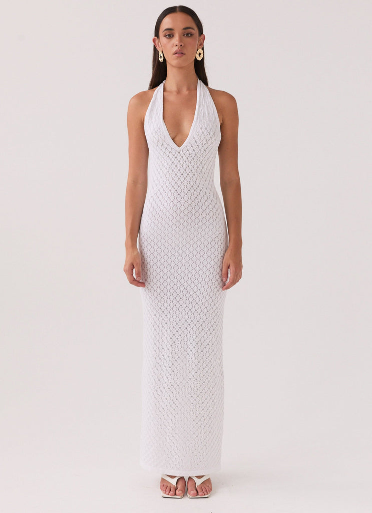 Womens Herald Angels Knit Maxi Dress in the colour White in front of a light grey background