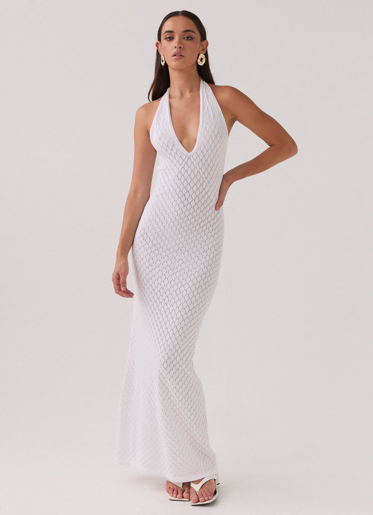 Womens Herald Angels Knit Maxi Dress in the colour White in front of a light grey background