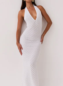 Womens Herald Angels Knit Maxi Dress in the colour White in front of a light grey background