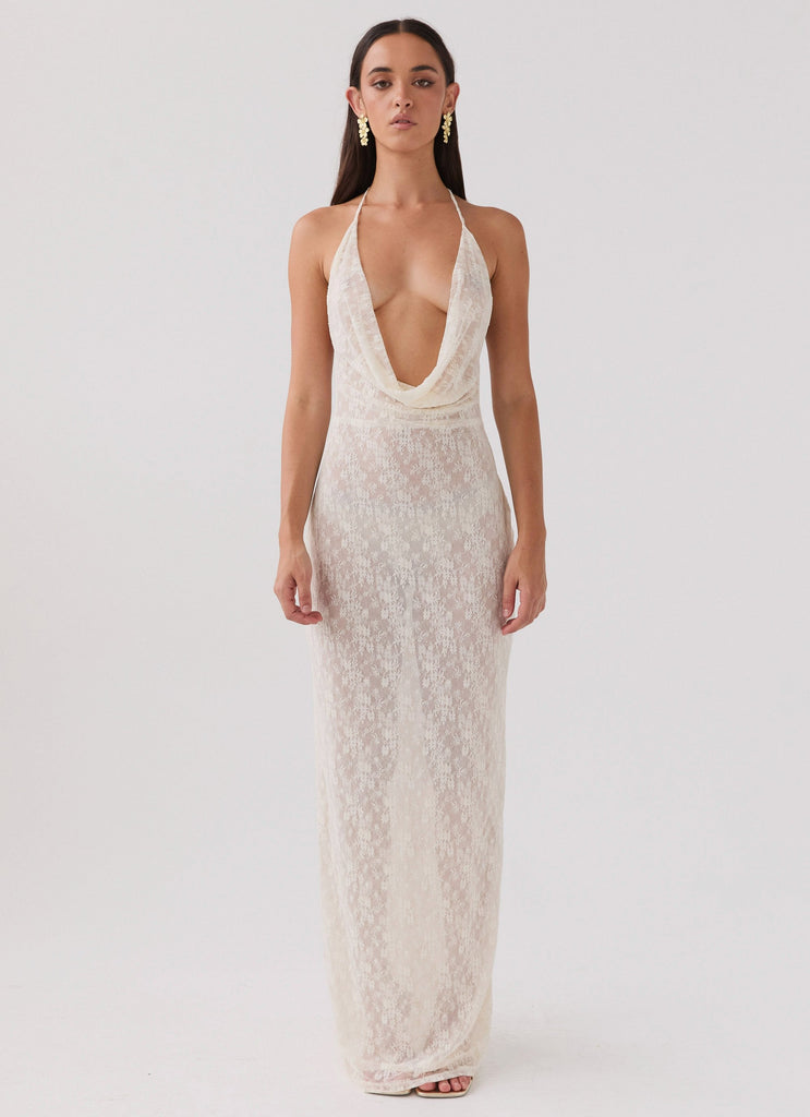 Womens Champagne Coastline Maxi Dress in the colour Ivory in front of a light grey background