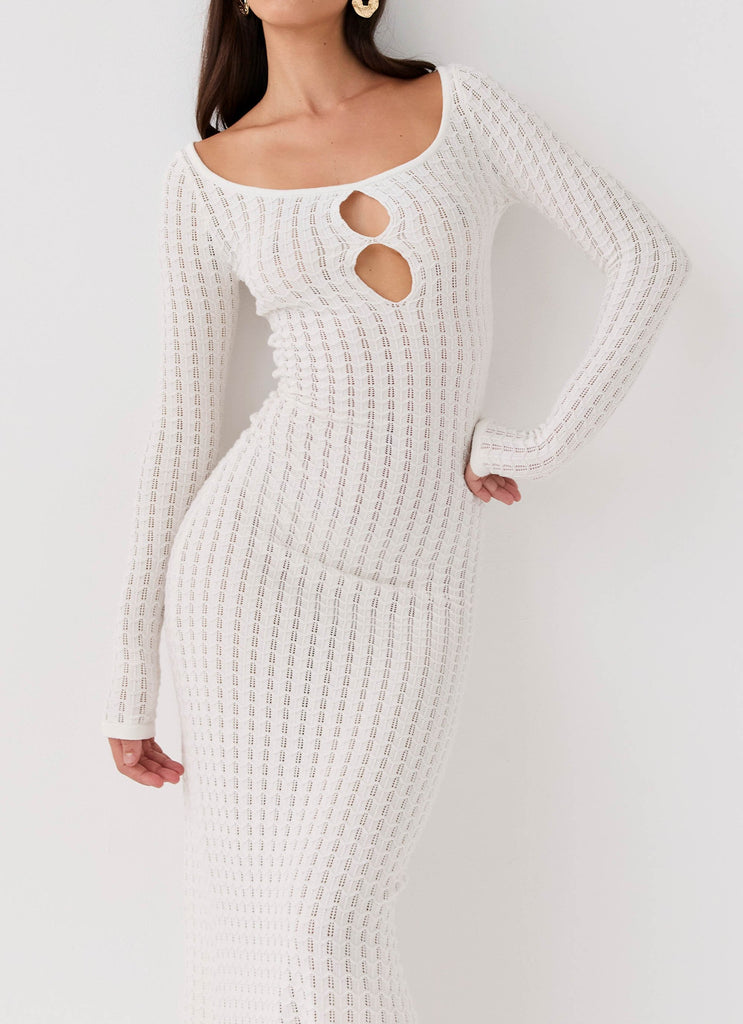 Womens Crystal Cascade Knit Maxi Dress in the colour White in front of a light grey background