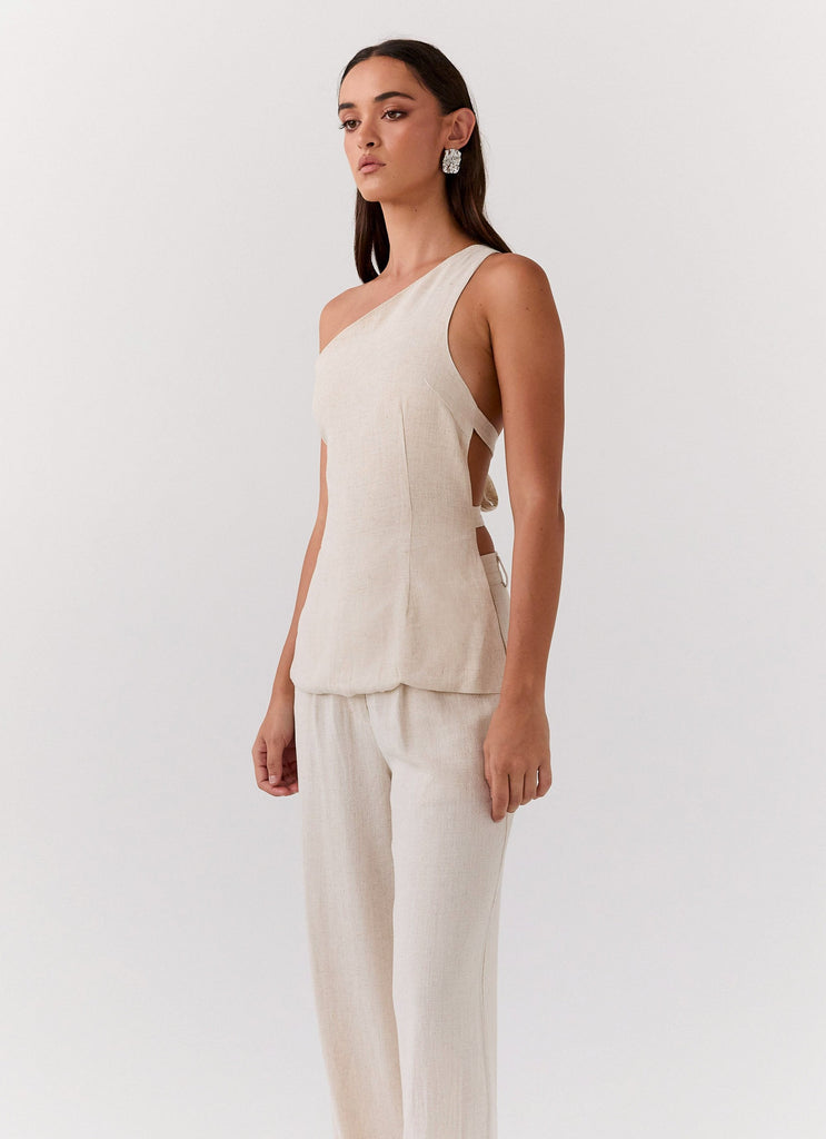 Womens Olsen Linen One Shoulder Top in the colour Oatmeal in front of a light grey background