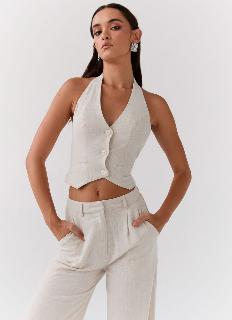 Womens Ambrosa Halterneck Linen Vest in the colour Oatmeal in front of a light grey background