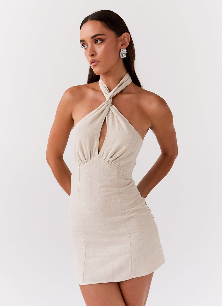 Womens Sabine Linen Mini Dress in the colour Oatmeal in front of a light grey background