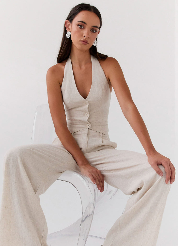 Womens Ambrosa Halterneck Linen Vest in the colour Oatmeal in front of a light grey background