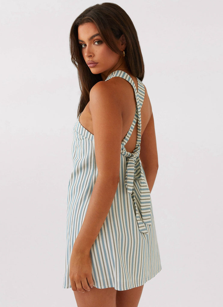 Womens Keira Linen Mini Dress in the colour Blue Choc Stripe in front of a light grey background