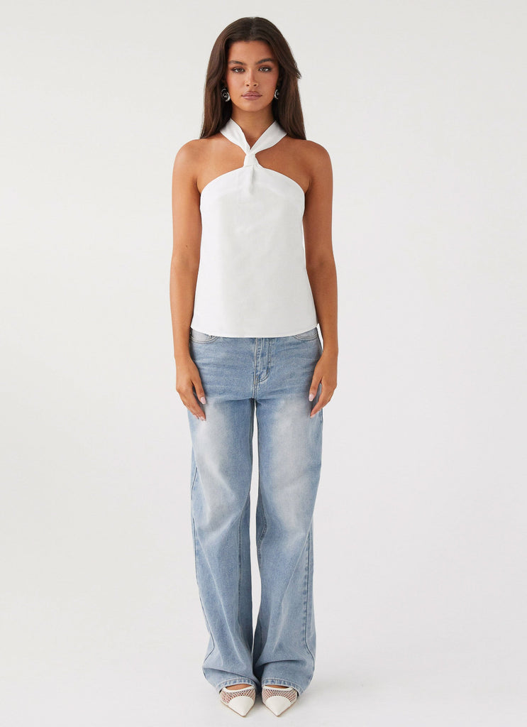 Womens Keira Linen Top in the colour White in front of a light grey background