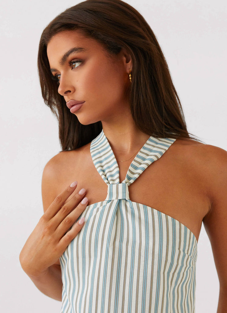 Womens Keira Linen Mini Dress in the colour Blue Choc Stripe in front of a light grey background